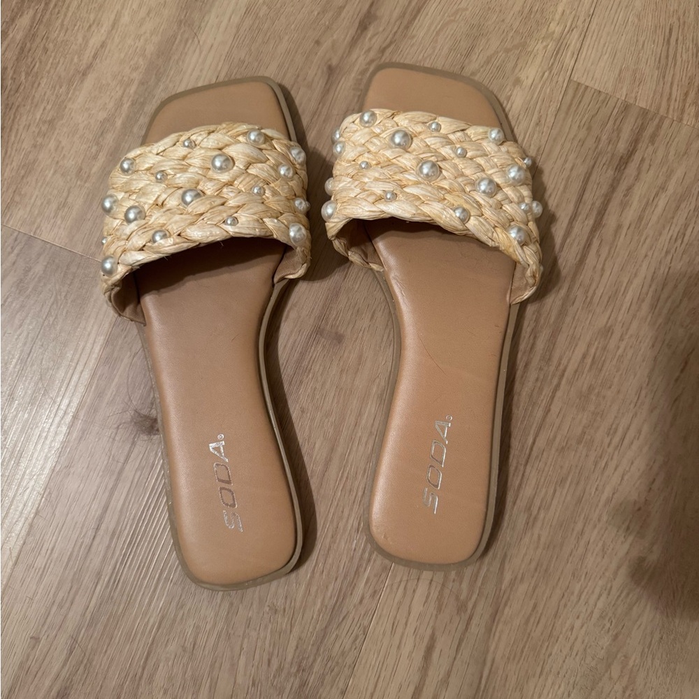 Soda Woven Pearl-Embellished Sandals